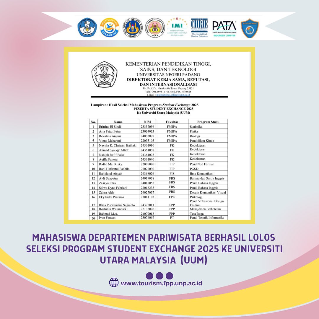 Perwakilan Departemen Pariwisata pada Program Student Exchange 2025 di UiTM & UUM, Malaysia.