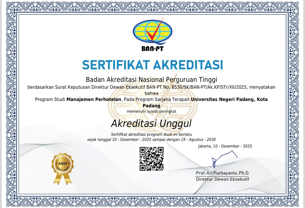 Program Studi D4 Manajemen Perhotelan (Kampus Utama) meraih akreditasi Unggul dari BAN PT